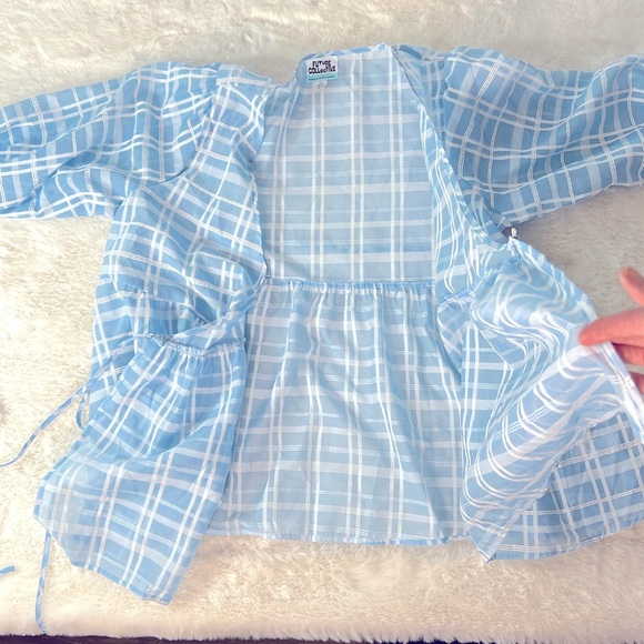 FUTURE COLLECTIVE Plaid Gingham SemiSheer Wrap Top Puff Sleeve L Waist Ties Blue - Picture 17 of 17